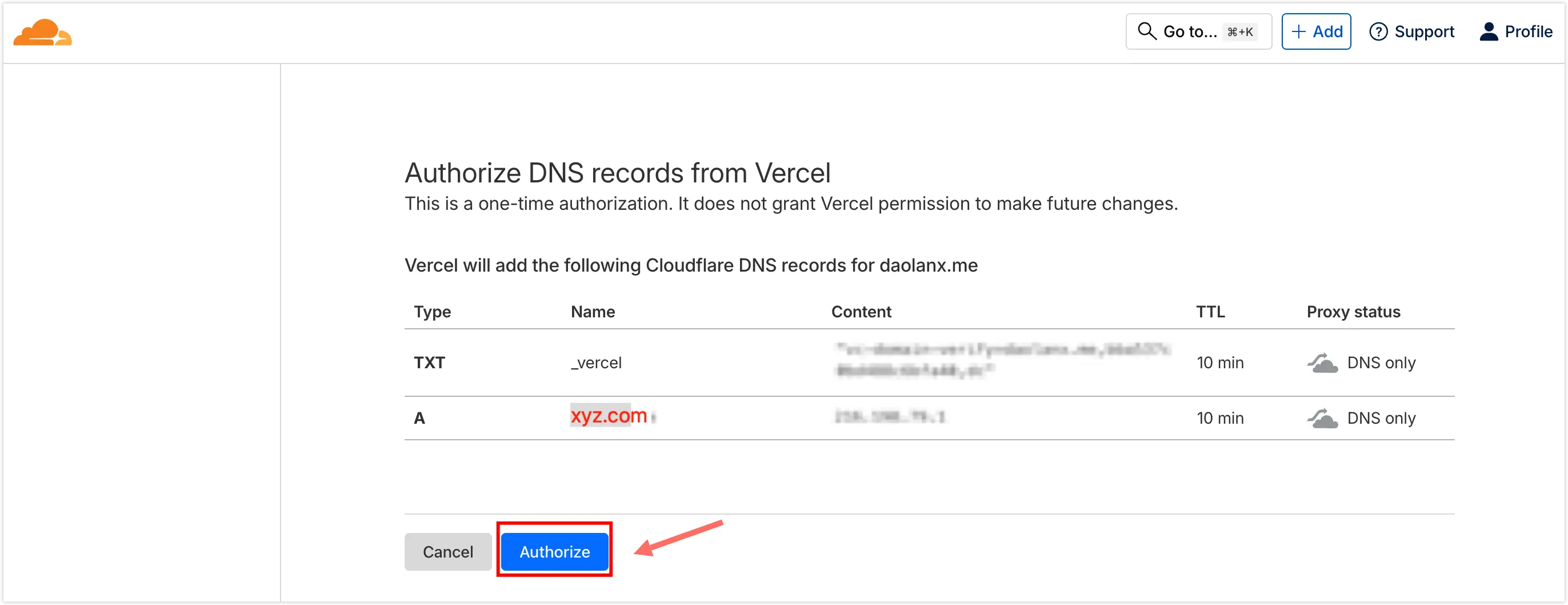 根据 Vercel 信息配置 DNS2