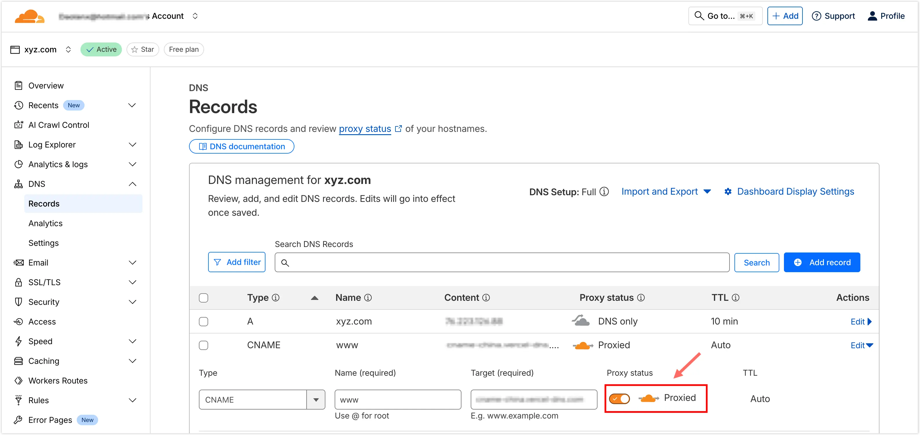在 Cloudflare 打开代理